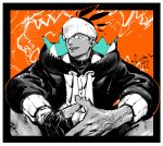  1boy blue_eyes commentary dark-skinned_male dark_skin dated fangs fingerless_gloves gloves headband hood hoodie kotteri long_sleeves looking_at_viewer orange_background pants partially_colored pokemon raihan_(pokemon) sideburns simple_background sitting smile solo veins 