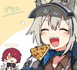  2girls animal_ears arknights blue_gloves blue_jacket blush_stickers brown_shirt character_name collared_shirt energy_wings exusiai_(arknights) food fork gloves grani_(arknights) grey_hair hair_over_one_eye halo heart holding holding_fork infection_monitor_(arknights) jacket long_hair maguro_kan multiple_girls open_mouth pie pie_slice redhead shirt short_hair smile teeth upper_teeth_only white_background white_jacket yellow_background yellow_eyes 