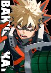  1boy bakugou_katsuki black_background black_bodysuit black_mask blonde_hair bodysuit boku_no_hero_academia character_name explosive grenade highres looking_at_viewer male_focus mirin_(coene65) open_mouth outline red_eyes short_hair solo spiky_hair teeth white_outline 