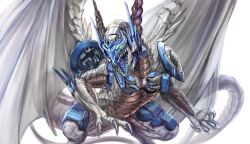  armor blue_armor blue_tongue bolmeteus_steel_dragon claws colored_tongue commentary_request dragon dragon_claw dragon_horns dragon_tail dragon_wings duel_masters glowing glowing_eyes green_eyes highres horns kenko_(a143016) no_humans open_mouth sharp_teeth solo tail teeth white_background wings 