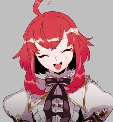  1boy ahoge black_bow black_bowtie bow bowtie crossed_bangs facing_viewer grey_background grimms_notes hahn_(grimms_notes) light_blush male_focus medium_hair open_mouth protected_link puffy_sleeves red_hair sidelocks signature simple_background solo teeth tojiru_(musyuka32) tongue trap upper_body upper_teeth_only 