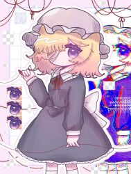  1girl ? ?? back_bow bandage_over_one_eye blonde_hair blush bow bowtie chromatic_aberration collared_dress commentary_request cowboy_shot dress expressionless fake_transparency frilled_dress frills from_side glitch hat highres looking_at_viewer maribel_hearn medium_hair mob_cap outline projected_inset purple_dress qr_code red_bow red_bowtie saturated sleepwalk_zzz solo string string_of_fate touhou translation_request violet_eyes weirdcore white_hat 