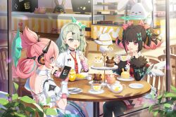  3girls angels_of_delusion aria_(zenless_zone_zero) bangboo_(zenless_zone_zero) bare_shoulders black_choker black_sleeves blue_eyes bow cellphone chair choker collared_shirt commentary_request cup cupcake detached_sleeves eating food fork green_bow green_eyes green_hair green_nails hair_bow halo highres holding holding_fork holding_phone jiman latte_art looking_at_another multiple_girls nangong_yu necktie open_mouth phone pink_bow pink_hair plant red_eyes red_necktie shirt short_sleeves sitting smartphone sunna_(zenless_zone_zero) table teacup teapot thai_commentary white_shirt white_wings wings zenless_zone_zero 