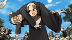  >_< 6+girls :d bendy_straw bird black_shoes blonde_hair blue_eyes brown_eyes brown_hair bunny_nun_(diva) carrying cat chicken clumsy_nun_(diva) cup diva_(hyxpk) drinking_straw duck english_commentary eyelashes frog glasses glasses_nun_(diva) grey_hair hair_ornament hedgehog highres hungry_nun_(diva) jealous little_nuns_(diva) mole mole_on_cheek mole_under_mouth multiple_girls nervous_sweating nun ostrich outdoors owl rabbit_hair_ornament round_eyewear scared shoes smile smug_nun_(diva) star_ornament strict_nun_(diva) sweat traditional_nun tree 