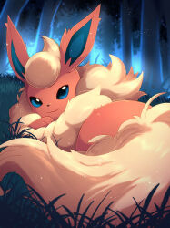  commentary_request flareon forest grass highres looking_at_viewer lying nature night no_humans on_ground outdoors pokemon pokemon_(creature) pokemon_focus rumine_(yoshi1234567) 