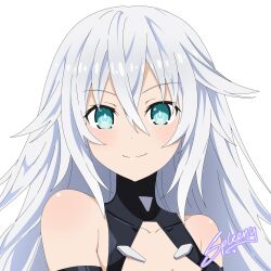  1girl aqua_eyes artist_name bare_shoulders black_heart_(neptunia) breasts center_opening choujigen_game_neptune clothing_cutout highres long_hair medium_breasts neptune_(series) power_symbol power_symbol-shaped_pupils signature simple_background spleeny symbol-shaped_pupils very_long_hair white_hair 