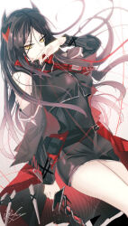  1girl arknights bare_shoulders belt black_dress black_hair black_horns black_jacket breasts clothing_cutout commentary cowboy_shot dagger demon_girl demon_horns dress hand_to_own_mouth highres holding holding_dagger holding_knife holding_weapon horns ines_(arknights) jacket knife long_hair looking_at_viewer medium_breasts mrok_69 multicolored_horns red_horns shoulder_cutout signature simple_background solo thread two-tone_horns weapon white_background yellow_eyes 