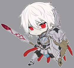  1boy black_gauntlets black_pants chaos_galahad_(grimms_notes) chibi chibi_only full_body grey_armor grimms_notes hair_between_eyes highres holding holding_polearm holding_shield holding_weapon legs_apart looking_at_viewer male_focus pale_skin pants polearm red_eyes shield short_hair solo striped_clothes striped_pants v-shaped_eyebrows vertical-striped_clothes vertical-striped_pants weapon white_hair yako_(pzy) 