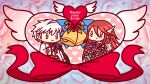  1boy 1girl absurdres bell bouquet chibi cordelia_(bridal)_(fire_emblem) cordelia_(fire_emblem) dress fire_emblem fire_emblem_awakening fire_emblem_heroes heart hetero highres holding holding_bouquet milk_t red_eyes red_ribbon redhead ribbon robin_(fire_emblem) robin_(male)_(fire_emblem) robin_(male)_(groom)_(fire_emblem) smile wedding_dress white_hair wing_hair_ornament 