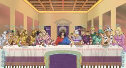  absurdres commentary diego_brando english_commentary fine_art_parody funny_valentine gyro_zeppeli highres jesus johnny_joestar jojo_no_kimyou_na_bouken lucy_steel mountain_tim original parody ringo_roadagain sandman_(sbr) steel_ball_run steven_steel the_last_supper tloas 