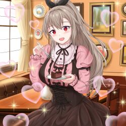  1girl :d absurdres alternate_costume arm_ribbon black_ribbon blush breasts brown_corset brown_hair brown_ribbon brown_skirt brown_trim cafe cake chocolate_cake collar collared_dress commentary corset day dress english_commentary eydis_(sao) food fork frilled_collar frilled_dress_collar frilled_sleeves frills glint hair_between_eyes hair_ribbon hands_up heart high_ponytail highres holding holding_food holding_fork holding_plate indoors large_breasts light_particles long_hair long_sleeves looking_at_viewer messy_hair miniskirt open_mouth parted_bangs phanuchan pink_shirt pinstripe_pattern pinstripe_shirt plate ponytail red_eyes ribbon shirt skirt skirt_set smile solo sparkle sword_art_online sword_art_online:_alicization sword_art_online:_unleashed_blading teeth underbust upper_body upper_teeth_only valentine window 