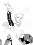  1boy angry closed_mouth collared_shirt commentary greyscale hands_in_pockets highres kgeroua looking_at_viewer male_focus monochrome multiple_views nagisa_kaworu neon_genesis_evangelion pants plugsuit shirt short_hair short_sleeves sitting sketch smile speech_bubble undershirt 