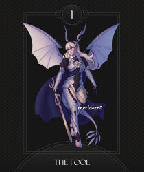  1girl armor armored_leotard artist_name black_background black_gloves black_hairband blonde_hair blue_cape breasts cape card_(medium) closed_mouth commentary dragon_girl dragon_horns dragon_tail dragon_wings english_commentary english_text female_corrin_(fire_emblem) fire_emblem fire_emblem_fates gloves hair_between_eyes hairband highres holding holding_sword holding_weapon horns juliet_sleeves leotard long_hair long_sleeves looking_to_the_side medium_breasts meridachii no_shoes pointy_ears pokemon puffy_sleeves red_eyes smile stirrup_legwear sword tail tarot tarot_(medium) the_fool_(tarot) toeless_legwear toes weapon wings yato_(fire_emblem) 