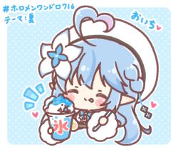  1girl :p ^_^ ahoge beret blue_background blue_bow blue_hair blue_hawaii blue_tongue border bow braid breasts center_frills chibi closed_eyes closed_mouth colored_tongue commentary_request cropped_torso cup disposable_cup flower food frills fur-trimmed_sleeves fur_trim gradient_hair hair_flower hair_ornament hat heart heart_ahoge highres holding holding_cup holding_spoon hololive long_hair long_sleeves medium_breasts mitarashi_neko multicolored_hair notice_lines one-hour_drawing_challenge pink_hair plastic_spoon polka_dot polka_dot_background shaved_ice shirt smile solo spoon streaked_hair tongue tongue_out translation_request upper_body virtual_youtuber white_border white_flower white_hat white_shirt yukihana_lamy yukihana_lamy_(1st_costume) 