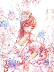  1girl a_psalm_of_time_(miracle_nikki) arm_warmers bare_shoulders bird_wings blue_bow blue_flower blue_ribbon blue_rose blunt_bangs bow chinese_commentary closed_eyes closed_mouth commentary_request covered_collarbone cowboy_shot detached_sleeves dress eyelashes facial_tattoo feather_dress feathered_wings fingernails flower green_bow hair_bow hair_flower hair_ornament hair_ribbon hairpin happy head_tilt heart heart_tattoo high_ponytail highres lace lace_arm_warmers light_blush light_particles lipstick long_hair long_sidelocks makeup miracle_nikki multiple_hairpins nikki_(nikki) nikki_(series) petals pink_flower pink_hair pink_lips pink_rose ponytail puffy_short_sleeves puffy_sleeves qiji_pp ribbon rose rose_petals short_sleeves sidelocks simple_background sleeveless sleeveless_dress smile solo standing tattoo third-party_source tress_ribbon turtleneck turtleneck_dress very_long_hair white_arm_warmers white_background white_dress white_sleeves white_wings wings yellow_flower 