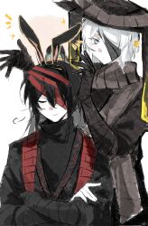  1boy 1girl animal_ear_hairband animal_ears arm_wrap bandage_over_one_eye black_hair black_hanfu blue_eyes chinese_clothes closed_eyes closed_mouth commentary corrupted_twitter_file crossed_arms dressing_another fake_animal_ears faust_(project_moon) feifeifwwww hairband hanfu hat heishou_pack-mao_branch_(identity)_(project_moon) high_ponytail highres hong_lu_(project_moon) hongyuan_(identity)_(project_moon) limbus_company long_sleeves ponytail project_moon rabbit_ear_hairband rabbit_ears red_bandage rice_hat scarf shirt short_hair simple_background smile sparkle star_(symbol) stole turtleneck turtleneck_shirt u_u untranslatable_commentary upper_body white_hair 