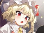  1girl ascot blonde_hair blush collared_shirt fang flandre_scarlet hair_between_eyes hat hat_ribbon jill_07km looking_down mob_cap one_side_up open_mouth puffy_short_sleeves puffy_sleeves red_eyes red_ribbon red_vest ribbon shirt short_hair short_sleeves solo star_(symbol) tongue touhou upper_body vest white_headwear white_shirt yellow_ascot 