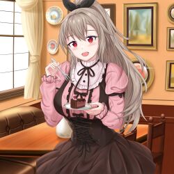  1girl :d absurdres alternate_costume arm_ribbon black_ribbon blush breasts brown_corset brown_hair brown_ribbon brown_skirt brown_trim cafe cake chocolate_cake collar collared_dress commentary corset day dress english_commentary eydis_(sao) food fork frilled_collar frilled_dress_collar frilled_sleeves frills glint hair_between_eyes hair_ribbon hands_up high_ponytail highres holding holding_food holding_fork holding_plate indoors large_breasts long_hair long_sleeves looking_at_viewer messy_hair miniskirt open_mouth parted_bangs phanuchan pink_shirt pinstripe_pattern pinstripe_shirt plate ponytail red_eyes ribbon shirt skirt skirt_set smile solo sword_art_online sword_art_online:_alicization sword_art_online:_unleashed_blading teeth underbust upper_body upper_teeth_only valentine window 