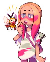  1girl bag blonde_hair bright_pupils closed_eyes commentary cowboy_shot english_commentary eyelashes facepaint grey_eyes long_hair lowres mina_(pokemon) mismatched_eyebrows notice_lines open_mouth paint_in_hair paint_on_clothes pokemon pokemon_(creature) pokemon_sm ribombee shirt short_sleeves sketchbook smile sorrysap teeth transparent_background upper_teeth_only white_pupils white_shirt 