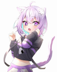  1girl absurdres ahoge animal_ear_fluff animal_ears black_hoodie blue_hair blush cat_ears cat_girl cat_tail colored_inner_hair fang food_print highres hololive hood hoodie multicolored_hair nekomata_okayu nekomata_okayu_(1st_costume) onigiri_print open_mouth pants purple_hair solo tail tenpa_illust violet_eyes virtual_youtuber white_background white_pants 