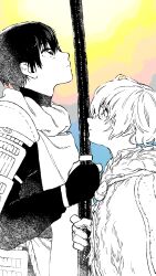  2boys armor cloak commentary_request fumetsu_no_anata_e fur_cloak fushi_(fumetsu_no_anata_e) greyscale_with_colored_background hair_between_eyes highres holding holding_sword holding_weapon kahaku_(fumetsu_no_anata_e) looking_at_another looking_up male_focus multiple_boys official_art oima_yoshitoki shirt short_hair sword upper_body weapon 