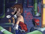  ... 1boy arm_tattoo black_eyes blue_pants brown_hair clothes_around_waist facial_hair gloves goomba hammer hat highres holding holding_wrench indoors industrial_pipe male_focus mari_luijiroh mario mustache pants profile red_headwear solo super_mario_bros. sweat tattoo topless_male unworn_hat unworn_headwear white_gloves wrench 