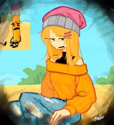  1girl bare_shoulders battle_for_dream_island beanie belt black_belt black_eyes black_shirt blonde_hair blue_pants blue_sky breasts bush chromatic_aberration cowlick day denim feet_out_of_frame film_grain grey_hat hair_ornament hair_over_shoulder hairclip hat highres jeans long_sidelocks long_sleeves looking_down no_sclera off-shoulder_sweater off_shoulder on_ground open_mouth orange_sweater outdoors pants parallel_hairclips pencil_(bfdi) personification pink_hat puffy_long_sleeves puffy_sleeves raised_inner_eyebrows reference_inset sand screenshot_inset shirt sidelocks sitting sky sleeveless sleeveless_shirt sleeveless_turtleneck small_breasts solo straight_hair sweat sweatdrop sweater torn_clothes torn_jeans torn_pants turtleneck turtleneck_shirt twitter_username two-tone_hat ui2ko vignetting 