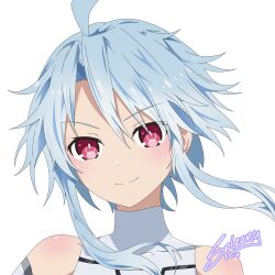  1girl artist_name blue_hair breasts center_opening choujigen_game_neptune highres leotard neptune_(series) power_symbol power_symbol-shaped_pupils red_eyes short_hair_with_long_locks signature simple_background small_breasts spleeny symbol-shaped_pupils tentacle_around_neck white_heart_(neptunia) white_leotard 