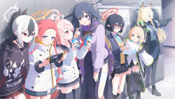  6+girls animal_ear_fluff animal_ears artist_request ayane_(blue_archive) bandaged_leg bandages black_choker black_hair black_hoodie black_skirt black_thighhighs blazer blonde_hair blue_archive blue_eyes blue_halo blue_jacket blue_necktie blue_shirt blue_skirt cardigan choker colored_inner_hair dress_shirt drink_carton earclip glasses green_eyes hair_over_one_eye halo handheld_game_console hands_in_pockets highres holding holding_handheld_game_console holding_milk_carton holster hood hoodie jacket kanna_(blue_archive) kayoko_(blue_archive) long_hair long_skirt lop_rabbit_ears midori_(blue_archive) milk_carton miniskirt multicolored_hair multiple_girls natsu_(blue_archive) neckerchief necktie official_art orange_halo pink_hair pink_halo plaid_clothes plaid_skirt pointing pointing_to_the_side pointy_ears ponytail purple_cardigan purple_scarf rabbit_ears red-framed_eyewear red_eyes red_hair red_halo red_neckerchief red_skirt scarf school_uniform serafuku shirt short_hair shoulder_holster side_slit skirt sweater thigh-highs tsukuyo_(blue_archive) two-tone_hair violet_eyes white_cardigan white_hair white_jacket white_shirt yellow_eyes yellow_sweater yuzu_(blue_archive) 