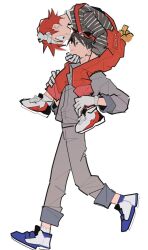  2boys black_hair black_shirt closed_mouth commentary eye_contact from_side full_body gloves grey_jacket grey_pants hand_on_another's_chin imaizumi_shunsuke jacket long_sleeves looking_at_another male_focus multiple_boys naruko_shoukichi o_omome overalls pants red_hair red_overalls shirt shoes smile sneakers striped_clothes striped_shirt untranslatable_commentary white_gloves yowamushi_pedal 