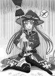  1girl basket belt boots broom candy food gloom_(expression) hair_rings hat highres looking_at_viewer lyhbteuviujbirr monochrome necktie open_mouth scared sitting solo sweat sweep_tosho_(umamusume) thigh_boots twintails umamusume witch_hat 