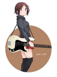  1girl 2026 bass_guitar birthday black_hoodie black_thighhighs breasts brown_background brown_eyes brown_hair casual circle closed_mouth commentary_request cropped_legs dated expressionless fender_precision_bass guitar_strap hasegawa_fumi hood hood_down hoodie instrument katatsuka_kouji long_sleeves looking_at_viewer miniskirt over-kneehighs plaid_clothes plaid_skirt pleated_skirt red_skirt skirt small_breasts solo standing thigh-highs two-tone_background white_background yuyushiki 