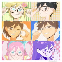  2girls 4boys :t adjusting_eyewear alternate_eye_color antenna_hair artist_name aubrey_(faraway)_(omori) aubrey_(omori) basil_(faraway)_(omori) basil_(omori) bespectacled black-framed_eyewear black_eyes black_hair black_sweater_vest blonde_hair blue_eyes blue_hairband blush brothers brown_eyes brown_hair close-up closed_mouth collarbone collared_shirt colored_skin commentary_request dark-skinned_male dark_skin double-parted_bangs flipped_hair flower flower_wreath glasses green_sweater_vest grin hair_between_eyes hair_flower hair_ornament hairband hands_on_own_cheeks hands_on_own_face hero_(faraway)_(omori) hero_(omori) hibi_hako highres kel_(faraway)_(omori) kel_(omori) long_hair long_sidelocks looking_at_viewer mari_(headspace)_(omori) mari_(omori) multiple_boys multiple_girls omori open_mouth parted_lips pink-framed_eyewear pink_hair purple-framed_eyewear purple_hair purple_sweater_vest round_eyewear shirt short_hair siblings sidelocks smile sunny_(omori) sweater_vest teeth twitter_username upper_body violet_eyes white_shirt white_skin 