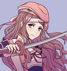  1girl armor brown_eyes brown_hair closed_mouth commission fire_emblem fire_emblem_fates hana_(fire_emblem) headband highres holding holding_sword holding_weapon japanese_armor japanese_clothes katana long_hair looking_at_viewer samurai smile solo sword weapon whimcb white_headband 