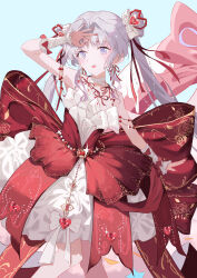  1girl absurdres alternate_hair_color arm_bow arm_warmers back_bow bare_shoulders bead_armlet beads blue_background bow chinese_commentary choker commentary_request cowboy_shot double_bun dreamtime_bestowed_(infinity_nikki) dress dress_bow eyelashes floral_print frilled_arm_warmers frills gem gem_hair_ornament grey_hair hair_beads hair_bow hair_bun hair_ornament hair_ribbon hand_on_own_head happy heart-shaped_gem highres infinity_nikki jewelry large_bow layered_dress light_blush long_hair looking_to_the_side medium_dress nail_polish neck_ribbon necklace nikki_(series) official_alternate_color open_mouth parted_bangs pink_bow print_bow red-framed_eyewear red_bow red_dress red_gem red_nails ribbon ribbon_earrings rose_print sleeveless sleeveless_dress smile so_ni_ni solo spaghetti_strap sprinkles twintails very_long_hair violet_eyes wavy_hair white_arm_warmers white_bow white_choker white_dress 