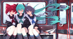  3girls absurdres aqua_hair aqua_neckerchief aqua_trim black_hair black_jacket black_sailor_collar black_skirt black_socks closed_eyes closed_mouth commentary_request drill_hair floating_hair hair_between_eyes hair_ornament hair_rings hatsune_miku highres jacket kasane_teto long_hair luo_tianyi miniskirt multiple_girls neckerchief paper_airplane red_hair red_neckerchief sailor_collar school_uniform serafuku sitting skirt sleeping socks tiandingfengren twin_drills twintails utau very_long_hair vocaloid vsinger_(vocaloid) white_serafuku 