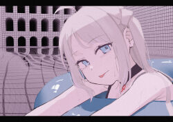  1girl absurdres ahoge bikini black_bikini blue_eyes film_grain floating highres innertube liminal_space long_hair looking_at_viewer love_live! love_live!_nijigasaki_high_school_idol_club masami_atabe pink_hair pool reflection reflective_liquid smile solo swim_ring swimsuit tile_floor tile_wall tiles tongue tongue_out two_side_up water wet zhong_lanzhu 