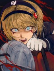  1girl absurdres anaizzzen black_background blonde_hair blood blue_eyes circular_saw commentary crying crying_with_eyes_open english_commentary gem gem_hair_ornament gloves hair_ornament headgear highres holding_saw last_defense_academy_school_uniform looking_at_viewer oosuzuki_kurara open_mouth red_gem saw school_uniform short_hair solo tears the_hundred_line_-last_defense_academy- white_gloves 