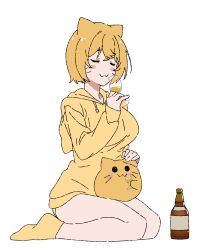  1girl animal_ears blob_(google) blobcat bob_cut bottle breasts cat_ears cat_girl closed_eyes creature_and_personification cup hair_between_eyes highres holding holding_cup hood hood_down hoodie large_breasts long_sleeves matatabeat misskey.io on_lap orange_socks personification short_hair simple_background sitting socks solid_circle_eyes white_background 