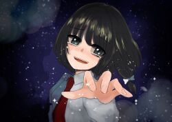  1girl black_eyes black_hair bow collared_shirt commentary enuchi_(jvdm7888) hair_bow highres long_sleeves missing_headwear necktie open_mouth reaching reaching_towards_viewer red_necktie shirt solo sparkle star_(sky) starry_sky_background tears teeth touhou upper_teeth_only usami_renko white_bow white_shirt 