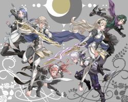  3boys 3girls absurdres apron artist_name barefoot black_boots black_dress black_gloves black_hairband black_thighhighs blue_cape blue_eyes blue_hair boots breasts butler cape closed_mouth dagger dress felicia_(fire_emblem) female_corrin_(fire_emblem) fire_emblem fire_emblem_fates floating_hair flora_(fire_emblem) gloves green_hair grey_eyes grey_hair hair_between_eyes hairband highres holding holding_dagger holding_knife holding_kunai holding_sword holding_weapon jakob_(fire_emblem) juliet_sleeves karrincorrin kaze_(fire_emblem) knee_boots knife kunai long_hair long_sleeves looking_at_viewer low_ponytail maid maid_apron maid_headdress male_corrin_(fire_emblem) master_and_servant medium_breasts multiple_boys multiple_girls nohrian_butler_uniform pink_hair pointy_ears ponytail puffy_sleeves purple_scarf red_eyes scarf short_hair siblings sisters smile stirrup_legwear sword thigh-highs thighs toeless_legwear toes twins twintails weapon white_hair yato_(fire_emblem) 