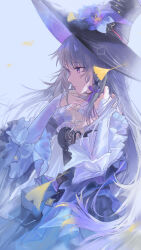  1girl absurdres black_dress black_hat breasts closed_mouth commentary_request detached_sleeves dress flower grey_hair hair_ornament hands_up hat hat_flower herta_(honkai:_star_rail) highres honkai_(series) long_hair long_sleeves moririmuli multicolored_hair purple_flower purple_hair small_breasts strapless strapless_dress the_herta_(honkai:_star_rail) very_long_hair violet_eyes witch_hat x_hair_ornament 