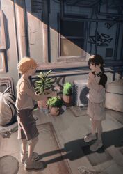  1boy 1girl absurdres aged_down big_chunger black_hair black_sleeves blonde_hair bottle chainsaw_man collared_shirt crying denji_(chainsaw_man) electric_fan flower gerbera grey_shorts hair_between_eyes highres holding holding_flower looking_at_another low_twintails medium_hair mitaka_asa own_hands_together parted_lips plant potted_plant shirt shoes short_hair short_sleeves shorts sneakers standing tank_top trash_bag twintails two-tone_shirt water_bottle white_flower white_shirt white_shoes white_shorts white_tank_top 