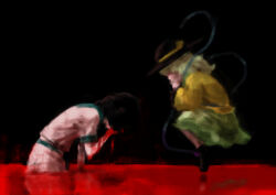  2girls black_background black_hair black_hat blood blood_on_arm commentary_request faceless floating from_side green_hair green_skirt hat komeiji_koishi long_sleeves meimaru_inuchiyo missing_headwear multiple_girls murasa_minamitsu painterly pool_of_blood shirt short_sleeves skirt touhou wading white_shirt yellow_shirt 