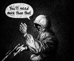  1boy axe black_background closed_mouth greyscale holding holding_axe hood hoodie itadori_yuuji jujutsu_kaisen monochrome nocturnmachine punching shadow speech_bubble 
