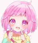  1girl absurdres aged_down gumi_(framboise_5204) highres long_sleeves multicolored_sweater ootori_emu open_mouth pink_eyes pink_hair project_sekai short_hair solo sweater white_background yellow_sweater 
