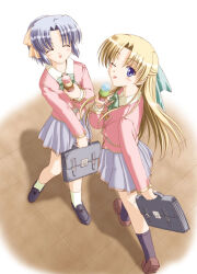  2girls ;p bad_id black_shoes black_socks blonde_hair blue_eyes blue_hair bow briefcase brown_shoes canvas_(cocktail_soft) canvas_sepia_iro_no_motif closed_eyes closed_mouth collared_shirt curtained_hair food from_above green_bow hair_bow half_updo hand_up holding holding_briefcase holding_food holding_ice_cream ice_cream jacket kishi_nisen loafers looking_at_viewer looking_back multiple_girls multiple_scoops one_eye_closed open_mouth pink_jacket pleated_skirt saginomiya_ai sakurazuka_ren school_briefcase school_uniform shirt shoes skirt smile socks standing tile_floor tiles tongue tongue_out white_shirt white_skirt white_socks yellow_bow 