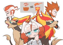  1girl 2boys antenna_hair beard black_bow black_bowtie black_gloves black_jacket blue_eyes blush bow bowtie closed_eyes closed_mouth collared_shirt commentary_request facial_hair fangs fingerless_gloves fur-trimmed_jacket fur_trim glasses gloves grey_shirt griselle_(pokemon) grisham_(pokemon) hair_pulled_back hand_up head_tilt high_ponytail highres holding holding_poke_ball jacket korean_commentary long_hair long_sleeves looking_at_viewer lysandre_(pokemon) multicolored_hair multiple_boys open_mouth parted_lips poke_ball pokemon pokemon_(creature) pokemon_legends:_z-a pokemon_xy ponytail profile pyroar pyroar_(female) pyroar_(male) raised_eyebrows red_hair sharp_teeth shirt simple_background smile smirk speech_bubble spiky_hair split_mouth streaked_hair sweatdrop teeth thought_bubble timer_ball upper_body v-shaped_eyebrows white-framed_eyewear white_background white_hair white_shirt youlil_01 