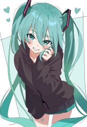  1girl absurdres alternate_costume aqua_eyes aqua_hair aqua_nails aqua_skirt black_hoodie commentary double-parted_bangs fingernails grin hair_between_eyes hair_ornament hand_on_own_thigh hand_up hatsune_miku heart highres hood hoodie hutaba_haru long_hair looking_at_viewer miniskirt nail_polish skirt smile solo twintails untranslatable_commentary very_long_hair vocaloid white_background 