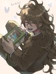  1boy :d blush box brown_hair brown_jacket brown_pants bug butterfly danganronpa_(series) danganronpa_v3:_killing_harmony glasses gokuhara_gonta holding holding_box insect_cage jacket long_hair long_sleeves male_focus messy_hair pants round_eyewear shiba_ko smile solo teeth translation_request 